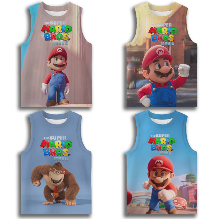 LJX Super Mario Movie Anime Print Sleeveless Shirt Fashion Boys Round