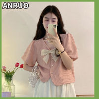 Anruo เสื้อเสื้อมีโบว์แขนสั้นสำหรับผู้หญิง,Atasan Sifon แขนสั้นสไตล์เกาหลีอ่อนโยนและอ่อนหวาน