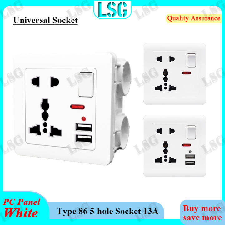 LSG Universal Wall Socket With LED Light Switch 86 Type 5 Holes Socket
