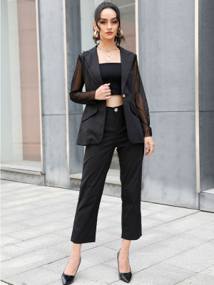 2021 Autumn New Blazer Trousers Suit Women 2 Piece Set Solid Single Breasted Suit Coat Long Trousers Set Women High Waist Pants