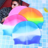 Women Men Ladies Rainbow Colorful Waterproof Silicone Ear Long Hair Protection Swim Pool Swimming Cap Swimwear Hats For Adults Swim Caps