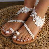 Women White Lace Sandals Gladiator Beach Shoes Fashion Straps Floral Style Plus Size 43 Ladies Roman Sandal Flat Shoes