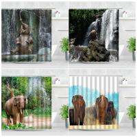 Cute Elephant Shower Curtains Funny Animals Water Spray Waterfall Natural Water Color Art Modern Bathroom Decor Bath Curtain Set