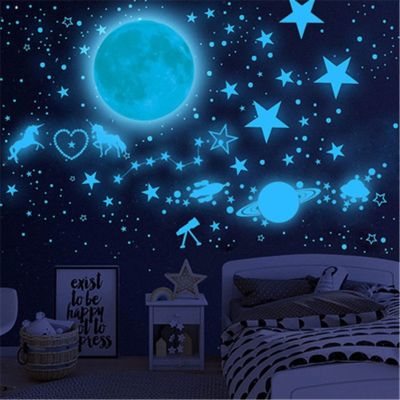 Blue Luminous Spaceship Moon Star Polka Dot Unicorn Fluorescent Wall Sticker For Kid Room Decor Glow In The Dark Bedroom Sticker