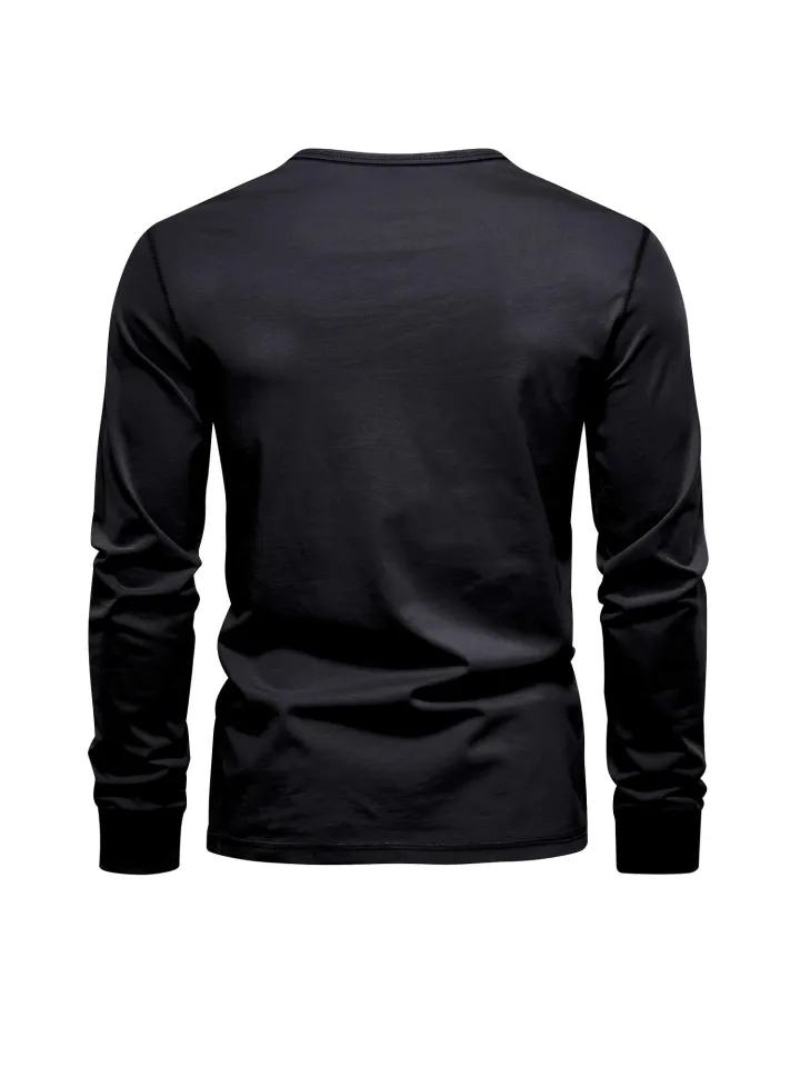 Men's Henley Collar Long Sleeve Cotton T Shirt