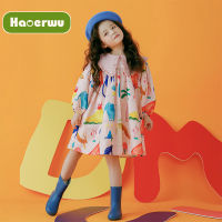 HAOERWU Girls ชุดแขนยาวเวอร์ชั่นเกาหลีใหม่ของไม้สีชมพูหูพัฟแขนกราฟฟิตีการค้าต่างประเทศกระโปรงเด็ก