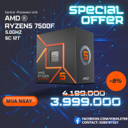 CPU AMD Ryzen 5 7500F  3.7GHz Boost 5.0GHz 6 nhân 12 luồng 32MB AM5 NEW