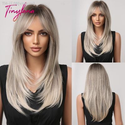 Long Straight Gray Ash Blonde Synthetic Hair Wigs with Long Bangs Cosplay Natural Layered Wig for Women Afro Heat Resistant [ Hot sell ] vpdcmi