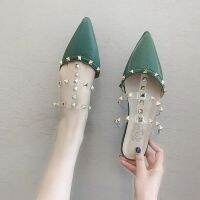 Women Autumn Fashion Concise Elegant Personality All-match Pointed Toe Rivet Decor Flat Sandal