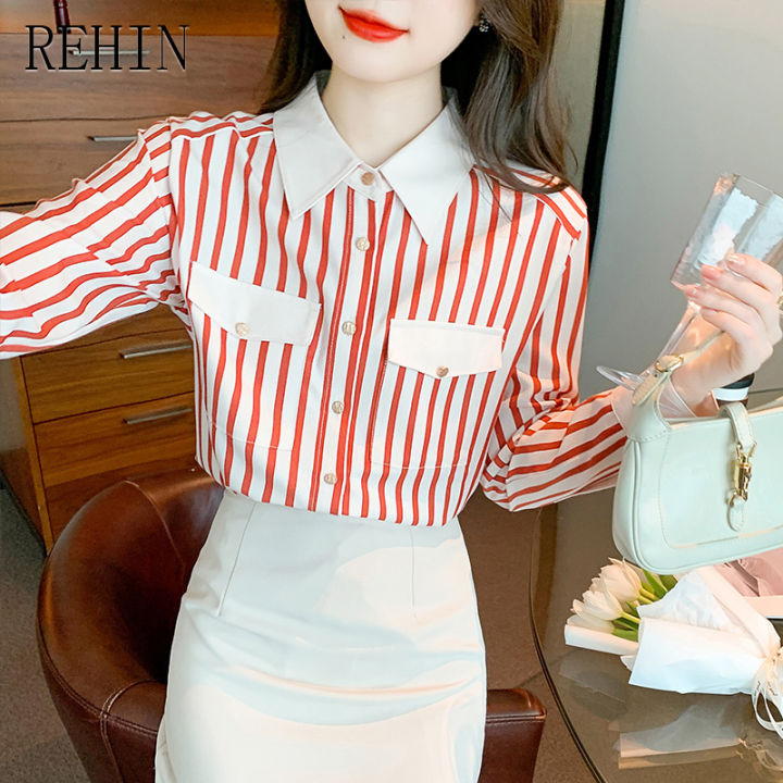 rehin-เสื้อผู้หญิงแขนยาวลายทางย้อนยุคฝรั่งเศส-เสื้อชีฟองแฟชั่นคอปกสีหลวมและบาง