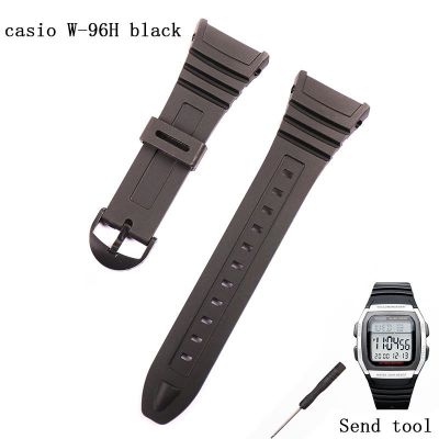 ☋✶ สายซิลิโคนผู้ชาย 28 มม. สำหรับ Casio สีดำ W-96H อุปกรณ์เสริมนาฬิกาอิเล็กทรอนิกส์ยางกีฬากันน้ำสายเรซินหัวเข็มขัด