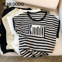 PEAR DODO เสื้อยืดผ้าไหมน้ำแข็งสายตัวอักษรแขนเสื้อสั้นถักกลวงสไตล์เกาหลีสำหรับผู้หญิง