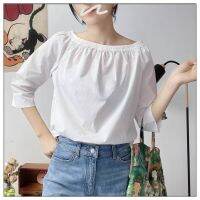 Special clear! Chunyuan Uniqlo two-wear elastic one-shoulder loose all-match shirt womens cotton shirt loose three-quarter sleeves