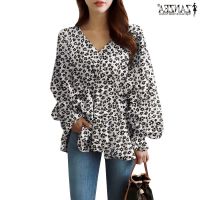 COD dhdfxcz ZANZEA Women Floral Flare Long Sleeve V Neck Elastic Waist Casual Tunic Red Top Blouse