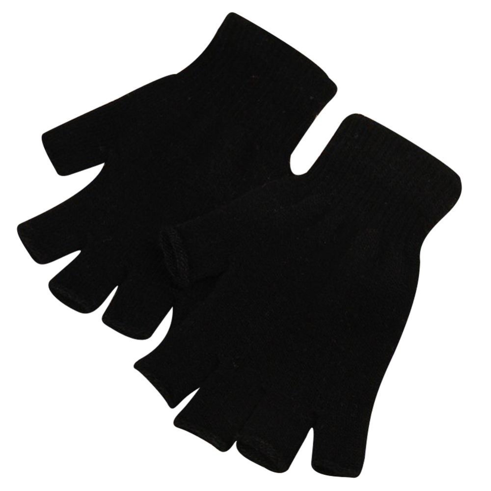 Stretch Knitted Gloves Men Women Fingerless Winter Warmer Mittens Black PAIR 