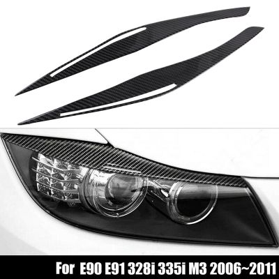 Carbon Fiber Headlight Eyelid Eyebrow Cover Stickers Trim for BMW E90 E91 328I 335I M3 2006-2011