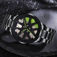 【Hot seller】 movement mens watch fashion sports wheel hub steel belt non-mechanical hollow quartz