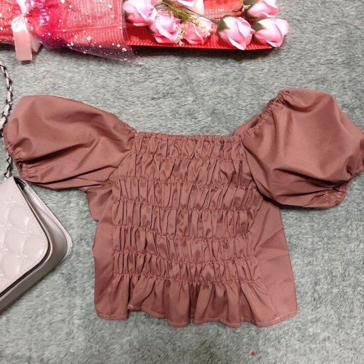 เสื้อครอปสมอคหลัง-แขนตุ๊กตา