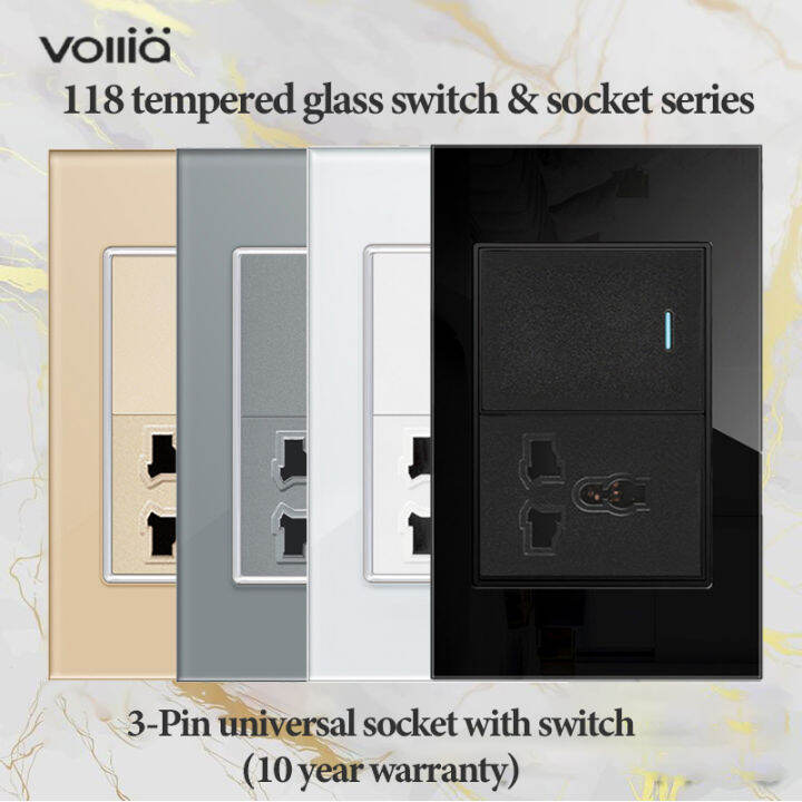 Vollia Outlet Socket for Wall Universal Electrical Socket Outlet with Switch Glass Panel 3 Pin
