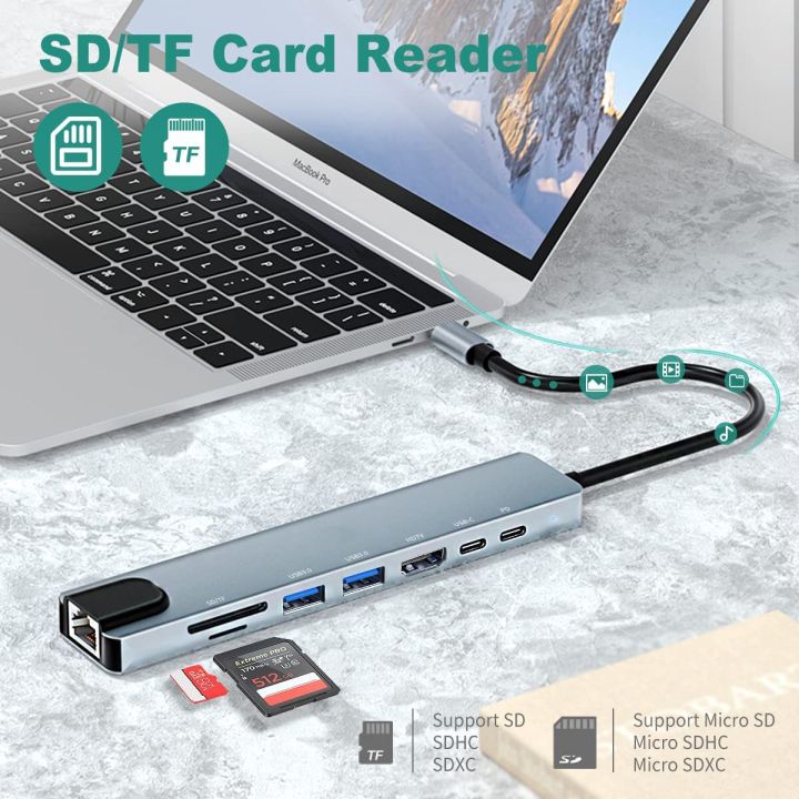 usb-c-hub-type-c-to-ethernet-adapter-with-hdmi-rj45-sd-tf-card-reader-pd-fast-charge-thunderbolt-3-usb-dock-for-macbook-pro-air-usb-hubs