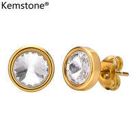 Kemstone เครื่องประดับตุ้มหูสตรีกลมชุบทองเซอร์โคเนียสแตนเลส