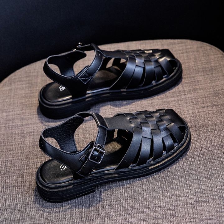 หนังแกะโรมันรองเท้ากรงหมูผู้หญิง-23-ฤดูใบไม้ผลิและฤดูร้อนใหม่ทอกลวงแบน-btou-รองเท้าแตะผู้หญิงด้านล่างหนา-a712