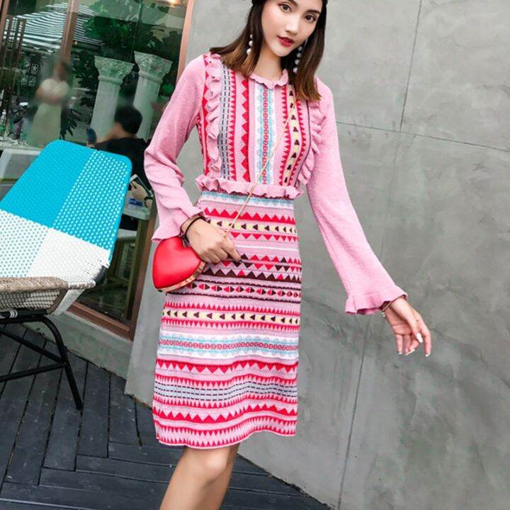 autumn-new-fashion-stylish-runway-dress-women-striped-knitting-flare-sleeve-rainbow-stripe-sweater-dress-high-quality