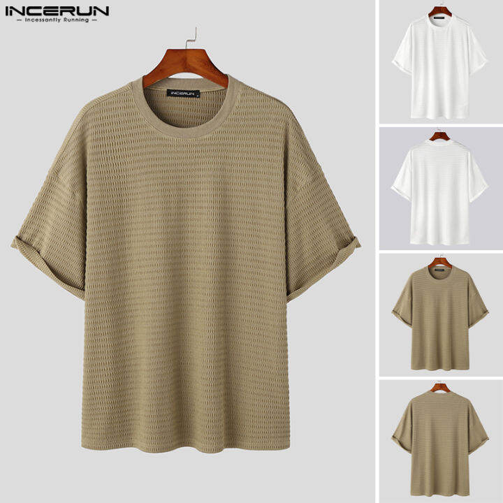 incerun-เสื้อลายตารางผู้ชายแขนสั้นเสื้อยืดเทกเชอร์ลำลองอเนกประสงค์แบบเรียบง่าย-สไตล์เกาหลี