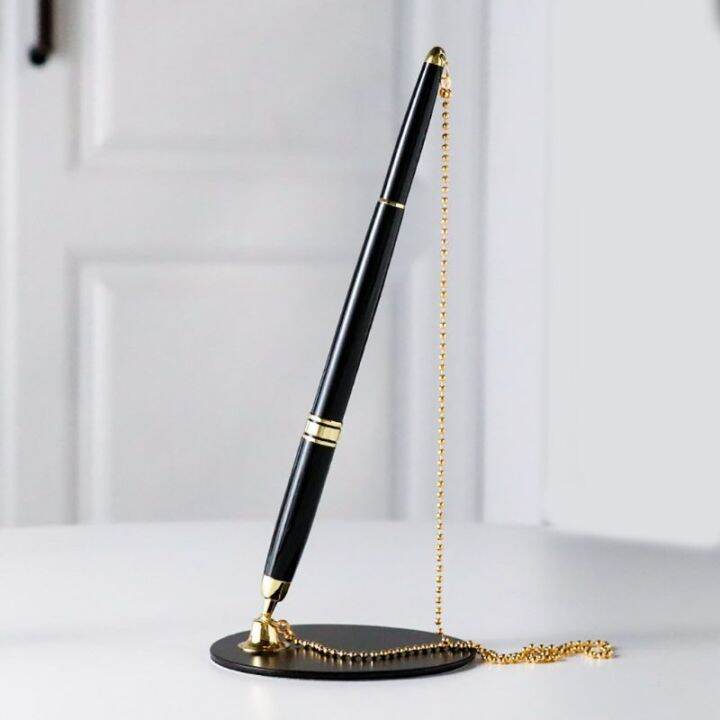Classic Metal Ballpoint Pen Secure Chain Attached Base Stand Desk