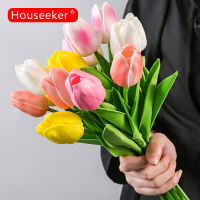 Houseeker สีขาวสีเหลืองดอกทิวลิปดอกไม้ประดิษฐ์สัมผัสจริงประดิษฐ์ช่อดอกไม้ปลอมสำหรับตกแต่งงานแต่งงานดอกไม้บ้าน Garen ตกแต่ง