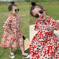 CUTE BABY?พร้อมส่ง?ชุดเดรสสำหรับเด็กผู้หญิง กระโปรงคอปกลายจุดดำเเดง(263)