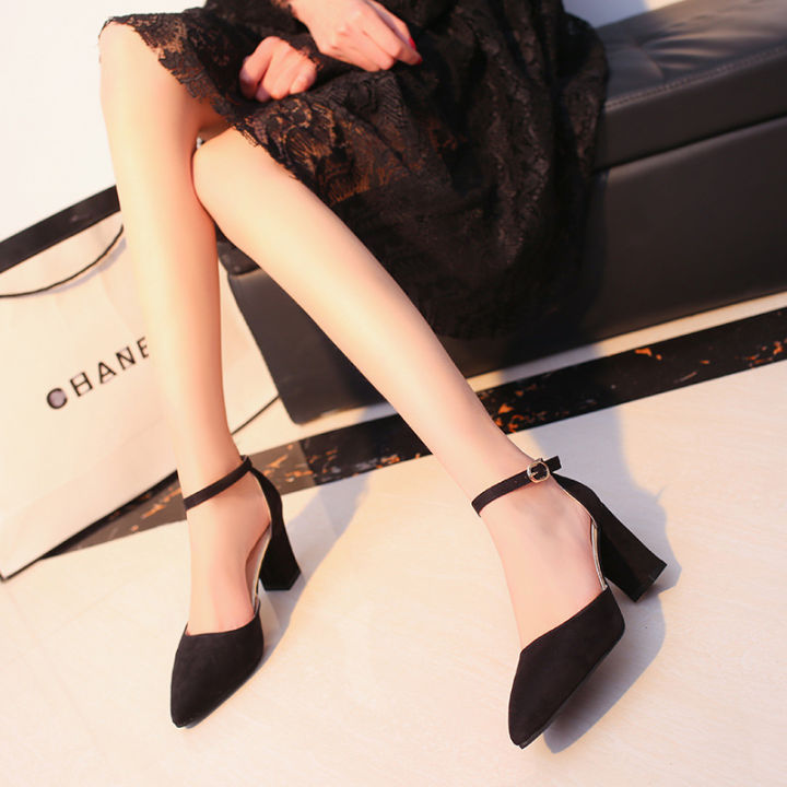 รองเท้าสตรีส้นเดี่ยวฉบับภาษาเกาหลีปลายแหลมหนาหัวเข็มขัดรองเท้าแตะส้นสูงสตรีใหม่ฤดูร้อน2023