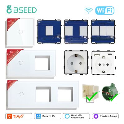 BSEED EU Standard Glass Panel 1/2/3Gang Wifi Switches Spare Parts USB Wall Socket Smart App Tuya Smart Life Alexa Alice Control