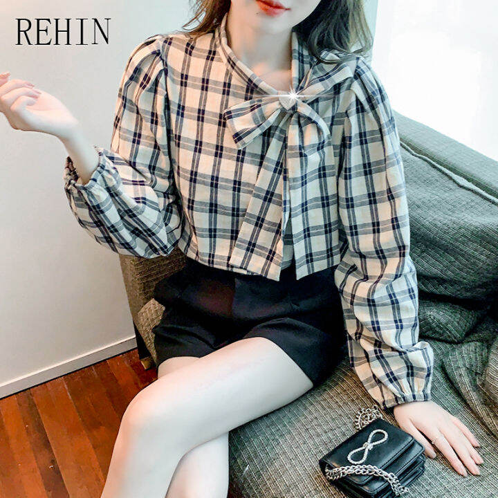 rehin-เสื้อแขนยาวผู้หญิงลายสก๊อตคอโบว์ผูกทำจากผ้าฝ้ายด้านใน