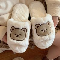 Fashion Cotton Slippers Lady One Word Open Toe Slippers Winter Home Non-slip Warm Cute One Word Indoor Home Floor Fur Slippers