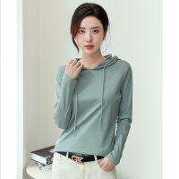 COD mercerized cotton hooded sweater t-shirt womens 2023 autumn new cotton all-match light luxury thin fashionable base shi