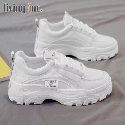 🚚 รองเท้าผ้าใบ สไตล์เกาหลี สีขาว สำหรับผู้หญิง💥รองเท้าผ้าใบ เสริมส้น 5 ซม. สีขาว แฟชั่นสำหรับผู้หญิง