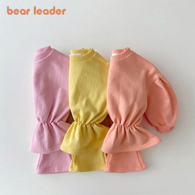 Bear Leader 2023ชุดเสื้อผ้าลำลองเด็กผู้หญิง2ชิ้น,ชุด2ชิ้นเสื้อเอวแขนโคมไฟ + กางเกงทรงกระดิ่ง