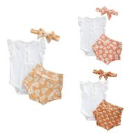 0-24M Newborn Infant Baby Girls Floral Outfits Short Sleeve Romper Shorts Headband Set  by Hs2023