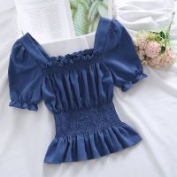 COD DSFERTRETRE Tops blouse Korean style square neck Bubble Sleeve Chiffon shirt thin waist trimming top