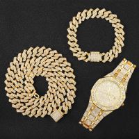 【Transparent thinking】 Hip Hop Men Chain Miami Cuban Chain Iced Out Paved Rhinestones CZ Bling Rapper Gold สร้อยคอนาฬิกาสร้อยข้อมือเครื่องประดับสำหรับผู้ชาย