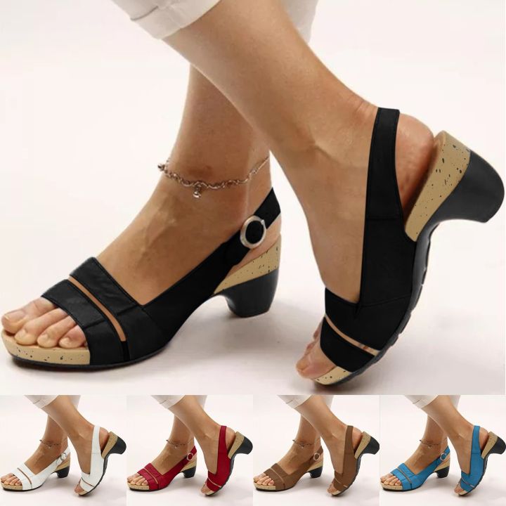 รองเท้าแตะสำหรับผู้หญิงรองเท้าเปิดนิ้วเท้าส้นสูงหนาสั้นต่ำพื้นรองเท้า แตะหรูหราสำหรับผู้หญิงรองเท้าแตะไม้คอร์ก | Lazada.Co.Th
