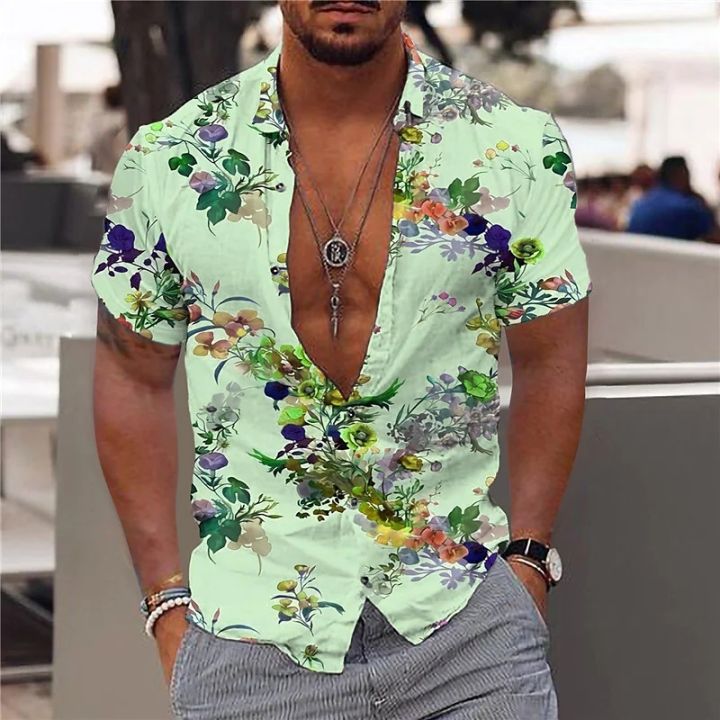 เสื้อฮาวายฤดูร้อนสำหรับผู้ชายโอเวอร์ไซส์พิมพ์ลายฮาราจูกุสีชมพูเสื้อลำลองวันหยุดสไตล์หรูหรายุคกลาง-y2k-วินเทจ