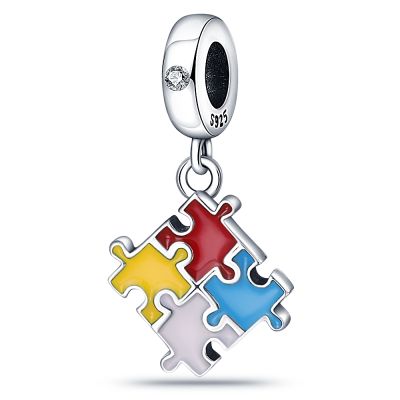 Authentic 925 Sterling Silver Colorful Puzzle Dangle Charm Fit Original Pandora Bracelet Necklace Silver Jewelry