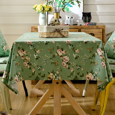 ผ้าปูโต๊ะผ้าฝ้ายดอกไม้สไตล์ชนบทสีพื้นหลังสีเขียว + ดอกกุหลาบ90*90ตารางเครื่องใช้ในบ้านผ้า135*300ขนาดใหญ่4/6/8ที่นั่งผ้าปูโต๊ะกาแฟผ้าปูโต๊ะ