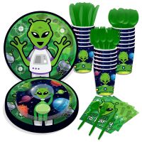 [Afei Toy Base]การ์ตูน Mars Space Sci Fi Alien Theme วันเกิด Party Disposable Tableware ชุดแผ่นถ้วยผ้ากันเปื้อน Baby Shower Party ตกแต่ง