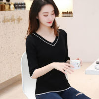 Black Tshirt Women Fashion V Neck Top 2023 Summer Half Sleeve Knitted T Shirt Slim Woman Tee