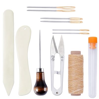 Nonvor Leather Craft Bookbinding Kit Starter Tools Plastic Bone Folder Creaser Waxed Thread Leather Sewing Needles Scissors