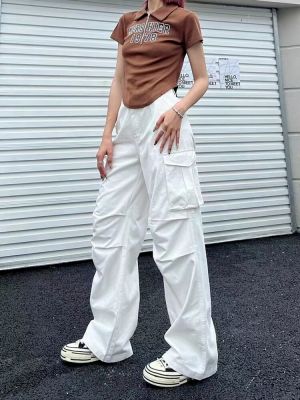Y2K กางเกงผู้หญิงคาร์โก้ย้อนยุคสีขาววินเทจ90S สวยงามกางเกงร่มชูชีพสีน้ำตาลมีกระเป๋ากว้างฮิปปี้สำหรับผู้หญิง
