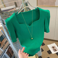 Knitted Top Women Short Sleeve Green T Shirt Summer Fashion Slim Square Neck Tshirt Korean Tee